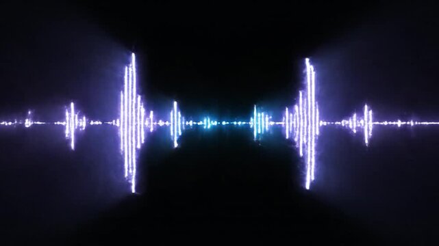 Glowing blue sound wave pulses against a dark background, suggesting audio visualization
