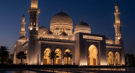 Grand mosque illuminated at dusk with majestic domes and minarets standing tall in serene surroundings