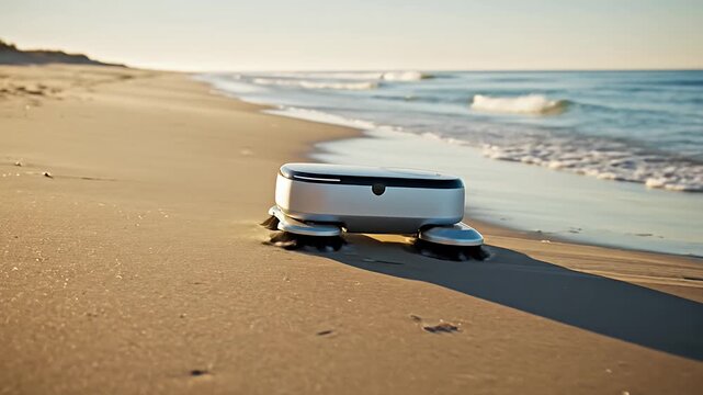 Modern robotic device cleaning sandy beach at ocean shore