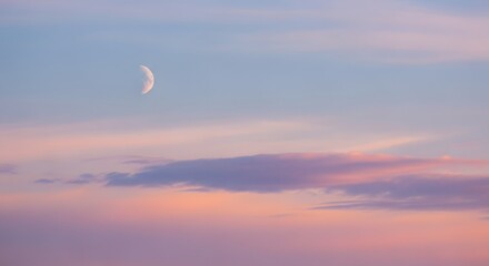 A serene crescent moon hangs in the pastel-colored sky, amidst soft clouds painted with delicate hues of pink and blue, evoking a sense of tranquility and wonder