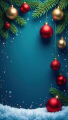 Elegant blue, red, gold Xmas cards; fir branches, baubles, snow , abstract, christmas tree