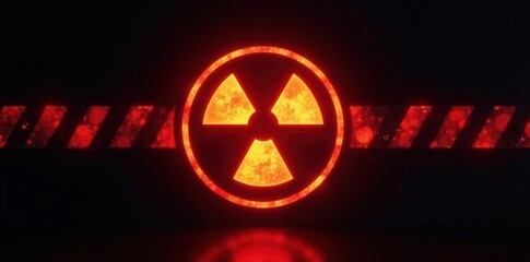 Glowing trefoil symbol on black background, radiating hazard stripes , safety, physics