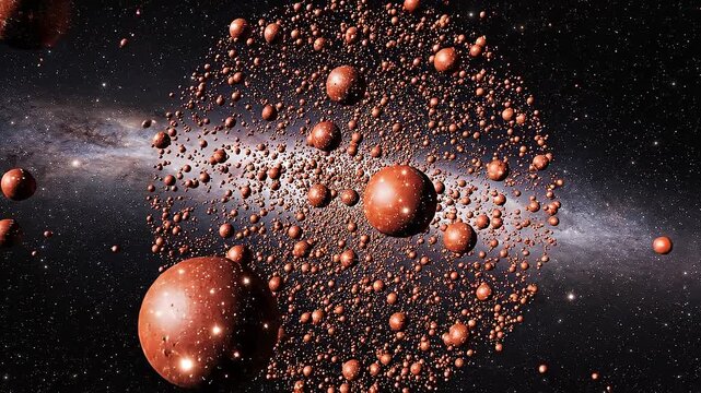 A dense cluster of red, rocky celestial bodies and smaller planetoids shimmers against a dark, star-filled galactic background, representing cosmic exploration.