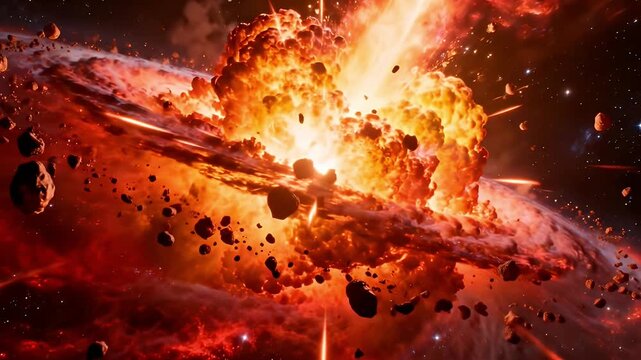 Massive planet explosion with asteroids and debris in space