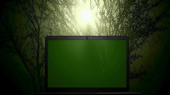 Laptop with Green Screen in Ethereal Forest Setting, Symbolizing Digital Connection to Nature's Mystery