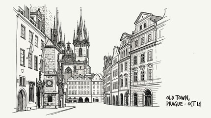 Hand-Drawn Sketch of Prague Old Town Square Architecture: Tyn Church Spire, Historic Czech Buildings, Vintage Ink Line Art Travel Illustration © dita