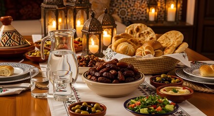 Fototapeta premium Ramadan Iftar Feast A Spread of Traditional Foods and Glowing Lanterns Evokes a Sense of Celebration and Togetherness