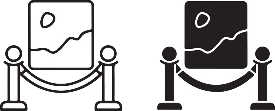 Two framed artworks separated by stanchions and velvet ropes for travel and tourism in a gallery setting isolated on white background, illustration