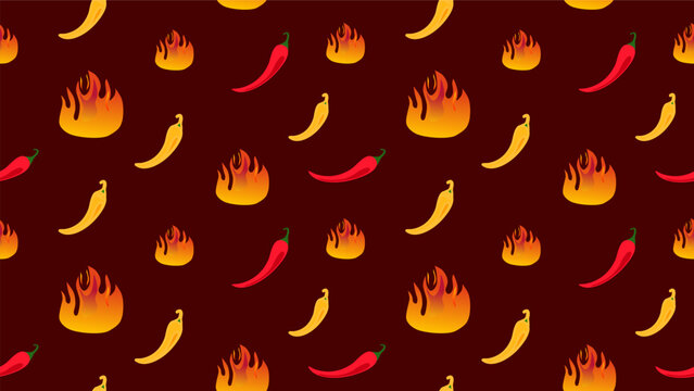 Vibrant seamless fire chili pattern with fiery flames and bold jalapeno paprika illustrations, perfect for Mexican food wallpaper, menu prints, wrapping paper, and energetic culinary graphic design.