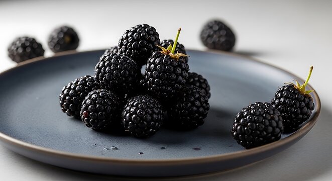 Fresh blackberries pile closeup on white plate with dew drops healthy summer fruit snack top view
