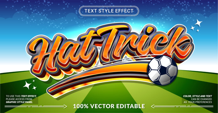 Editable text effect vector &ldquo;Hattrick&rdquo; features bold dynamic 3D lettering inspired by football victory, perfect for soccer events, sports posters, headlines, and promotions.