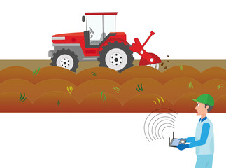 トラクターの無人運転で農作業をしているイラスト素材。