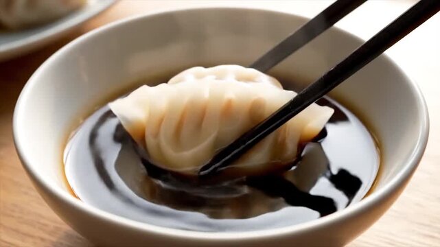 Delicious dumpling dipped in soy sauce with chopsticks close up.
