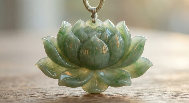 Green jade lotus pendant displayed on a wooden surface, illuminated by soft natural light, showcasing intricate details of the petals and the smooth texture of the jade material