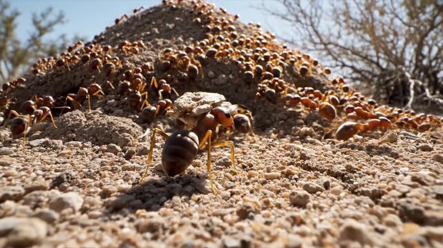 Desert ants swarm around their large mound home in the dry arid landscape.