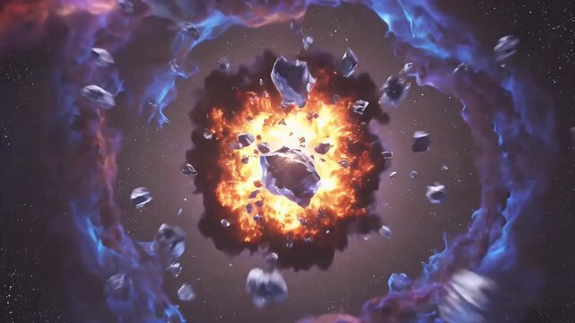 Massive space explosion with debris and glowing energy ring shockwave