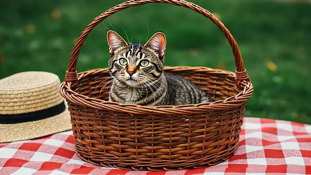 Cat Sitting in a Basket on a Picnic Blanket Outdoors