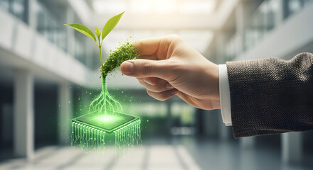 Businessman nurturing green technology with innovative chip design
