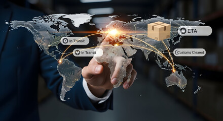 Businessman navigating global shipping routes on interactive world map