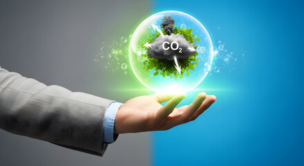 Businessman presenting eco friendly CO2 concept with green globe