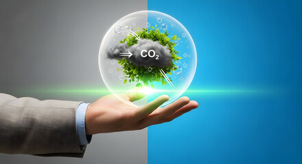 Businessman presenting innovative eco friendly solution with green leaves and CO2