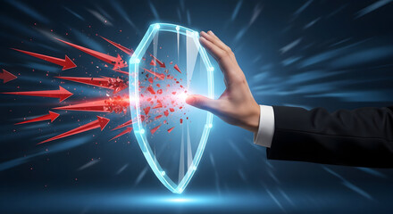 Businessman protecting against threats with secure shield