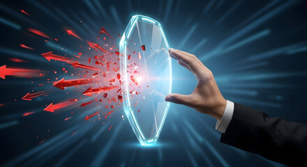 Businessman protecting shield from cyber attacks in modern digital space
