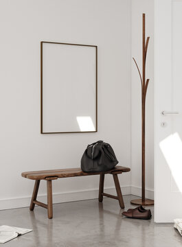 Mockup poster frame in midcentury modern interior, 3d render