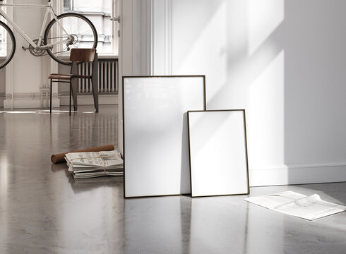 Mockup poster frame in midcentury modern interior, 3d render
