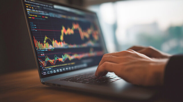 パソコンでチャートを分析する男性の手元