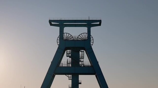 Close up drone view of the Bochum Mining Museum shaft tower, Germany. Landmark and popular tourist attraction.