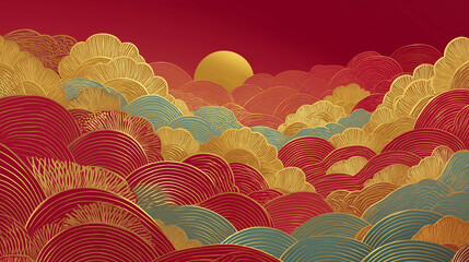 Golden Horizon: An artistic rendering of a sunset landscape, with layered clouds in gold and red hues, creating a serene and captivating vista.