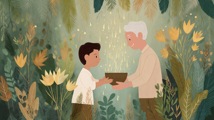 Generosity & Wisdom: A young person receives a gift from an elder, symbolizing the passing down of knowledge, compassion, and shared experience in a tranquil natural setting.