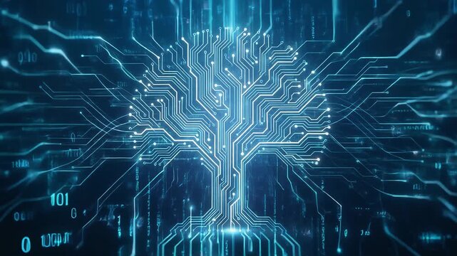 A digital tree design made of circuit board patterns.