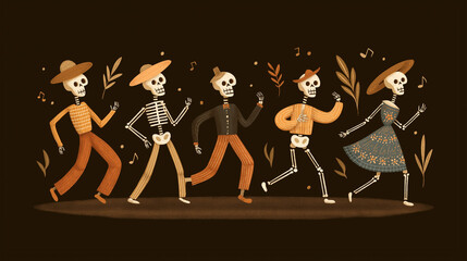 Dancing Skeletons: A festive procession of animated skeletons joyfully dances, adorned in vibrant attire. They celebrate the tradition, spreading merriment with every step. The scene exudes a lively.