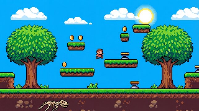 Pixelated Adventure Boy Run through a Retro Style Landscape Background