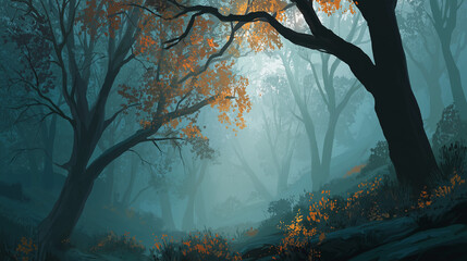 Mystical Forest Pathway: An ethereal pathway winds through a misty forest, with towering trees adorned in autumnal hues, inviting exploration and igniting a sense of wonder.