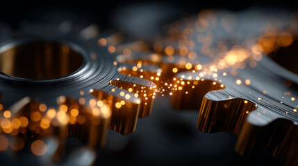 Gears in Motion: Intricate metal gears interlock, sparking a dynamic display of mechanical precision, hinting at the power and efficiency of technology and industry. 