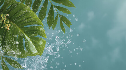 Water Splash with Tropical Foliage: A refreshing view featuring water droplets colliding around vibrant green monstera and palm leaves, suggesting the tranquility of a tropical oasis. 