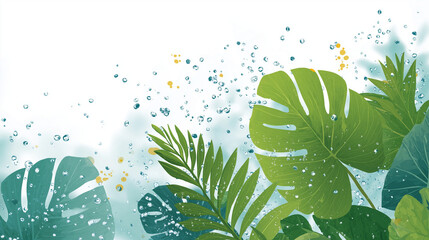 Tropical Rainforest Watercolor: The image is painted with watercolor of Lush green leaves of various shapes and sizes, accented with gentle water droplets, forming a vibrant tropical composition.