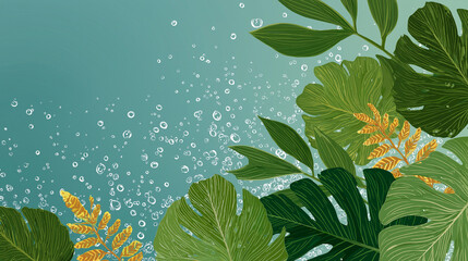 Tropical Leafy Greenery: A vibrant illustration showcasing lush tropical leaves in shades of green, with subtle water droplets creating a refreshing, nature-inspired scene.