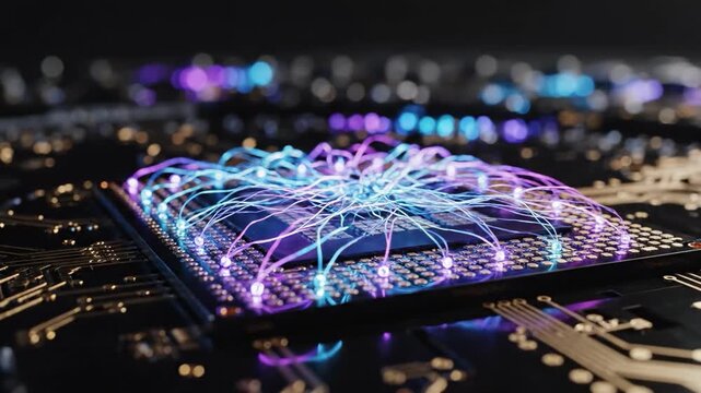 Detailed close-up of a microprocessor with glowing LED lights, evoking advanced technology and innovation, suitable for tech-themed content.