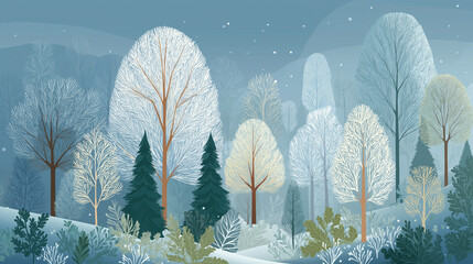 Winter Forest Scene: A serene winter landscape unfolds, with snow-kissed trees and bushes under a soft, muted sky, capturing the tranquility of a snowy day.