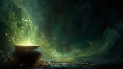 Mystical Cauldron: A bewitching cauldron overflowing with an ethereal, luminous green glow, casting an air of enchantment. 