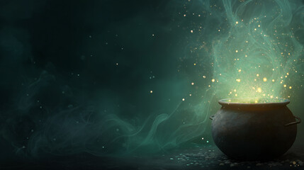 Mystical Cauldron and Magical Essence: The scene is dominated by a dark cauldron, spewing forth an ethereal mist and vibrant magical particles, hinting at enchantment, fantasy and arcane rituals.