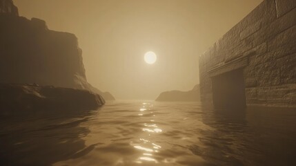Stone structure in a misty coastal landscape at sunrise.