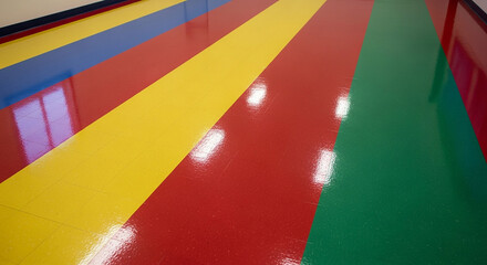 Colorful striped floor with yellow red green and blue sections