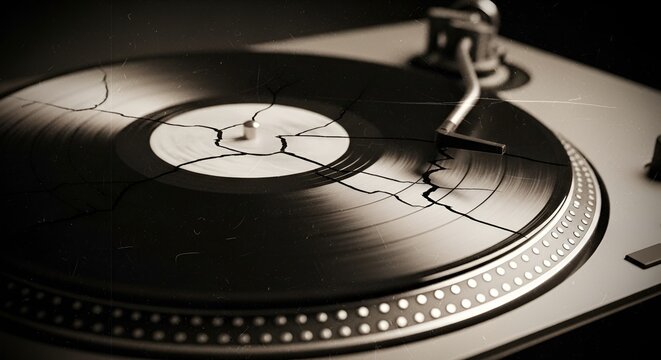 broken vinyl record on turntable, music concept
