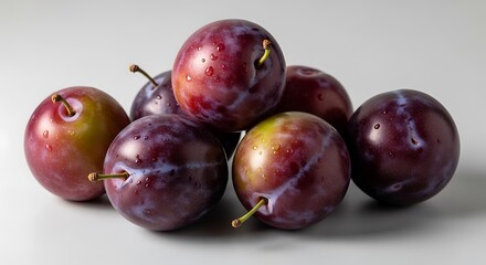 Obraz premium Fresh ripe plums in natural light on white background for healthy food and summer harvest concept