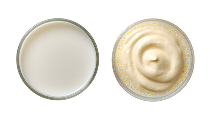 Glass of milk and cream overhead side by side on transparent background